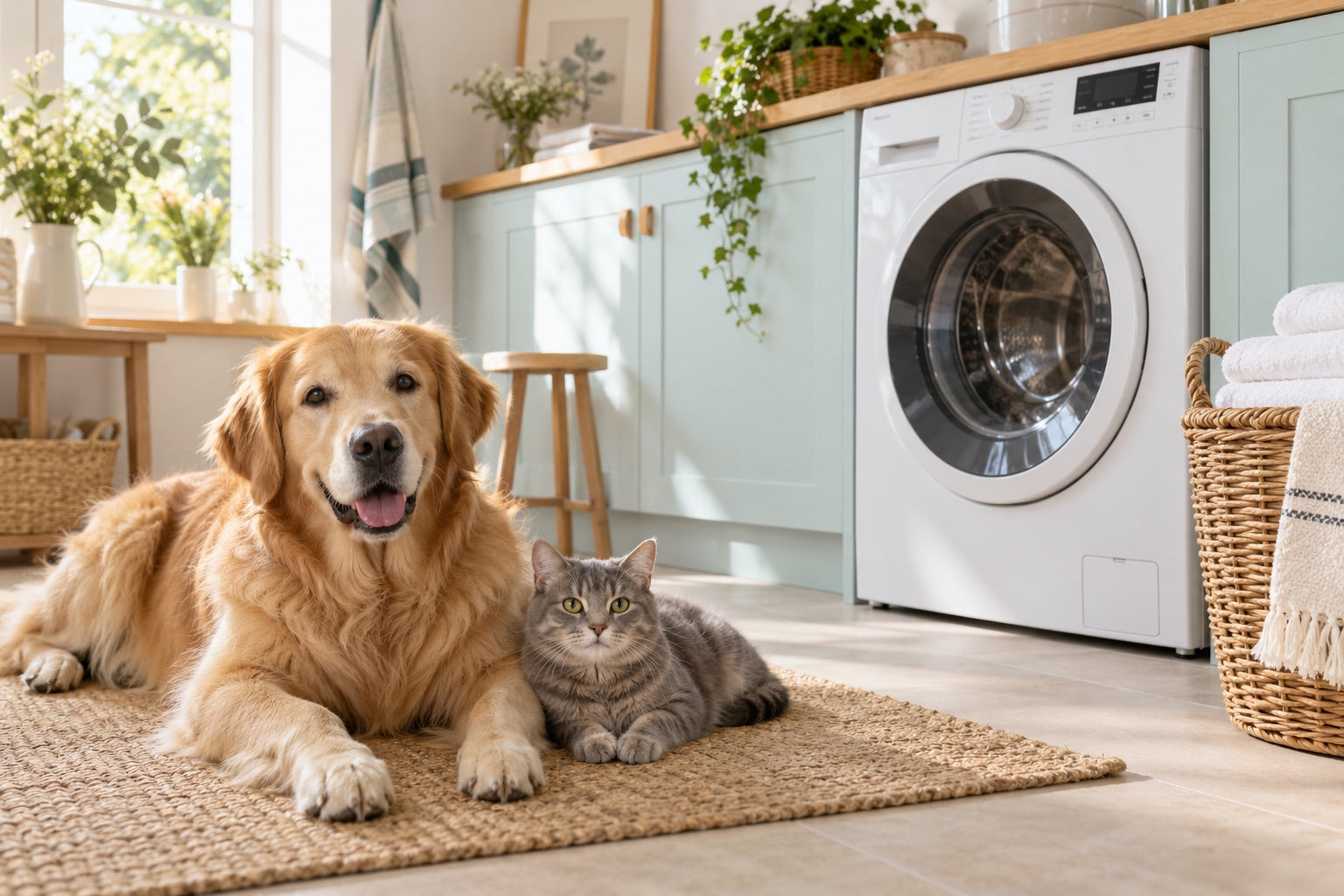 Un chien et un chat se reposent dans une buanderie lumineuse