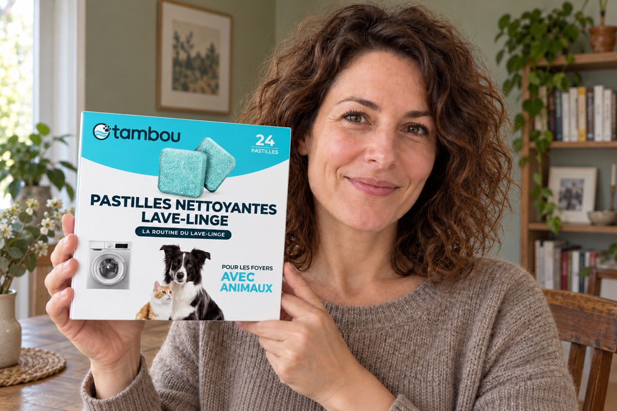 Scène IA : une femme tient la boîte Tambou dans sa salle à manger