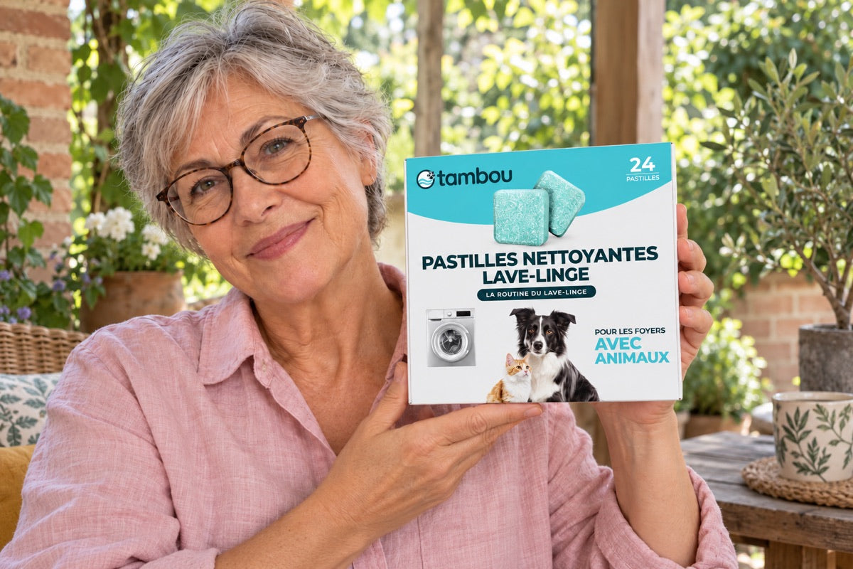 Scène IA : une femme aux cheveux gris avec la boîte Tambou sous une véranda