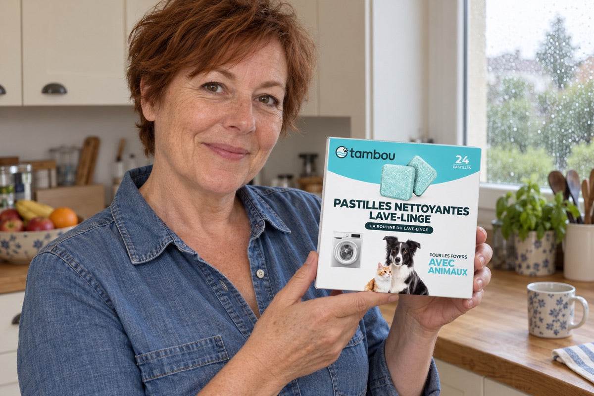 Scène IA : une femme avec la boîte Tambou dans une cuisine